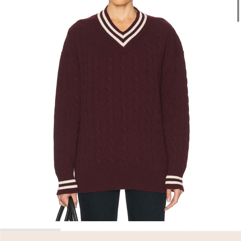 V-Neck Cable Knit Sweater - Burgundy